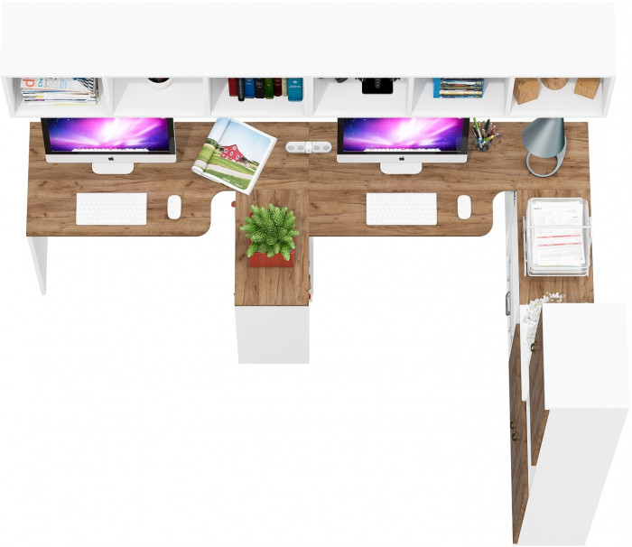 Лидер-8 Стол + Полка + Стол + Полка + Пенал + Тумба МД 3.19, цвет белый шагрень/крафт золото, 410х50/30х75/190 или 230х50/160х75/190 см., НЕ ун. сб.