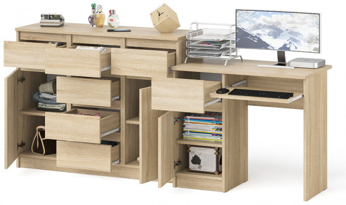 Мори Стол компьютерный МС-1 левый + Комод МК1200.4, цвет дуб сонома, ШхГхВ 210,4х50х94 см., выдвижной ящик слева, НЕ универсальная сборка