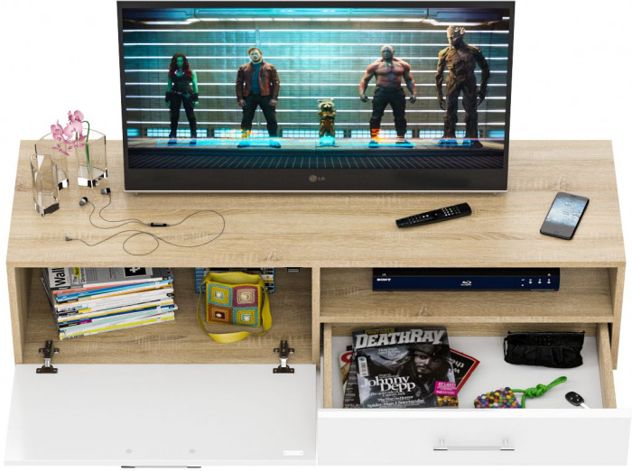 Тумба под ТВ Ларго 1, корпус дуб сонома/фасады МДФ белый глянец