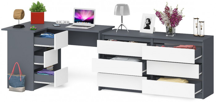 Мори компьютерный стол МС-16 левый + Комод МК1380.6, графит/белый