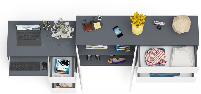 Мори компьютерный стол МС-6 правый + Комод МК1600.1, графит/белый