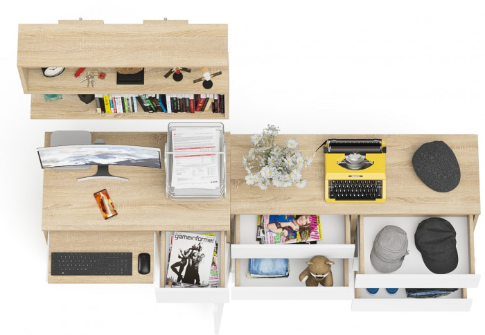 Мори Стол компьютерный МС-1 правый + Комод МК1200.6 + Полка 900, цвет дуб сонома/белый, ШхГхВ 210,4х50х209,6 см., НЕ универсальная сборка