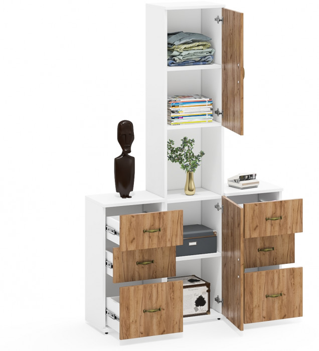 Лидер-8 Пенал + Тумба МД 3.16 + Тумба МД 3.16, белый шагрень/крафт золото