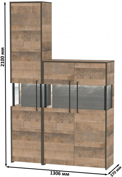 Трувор 13.205 Шкаф-пенал с витриной + 13.306 Комод с витриной, цвет дуб гранж песочный/интра, ШхГхВ 130,6х37х210 см., универсальная сборка