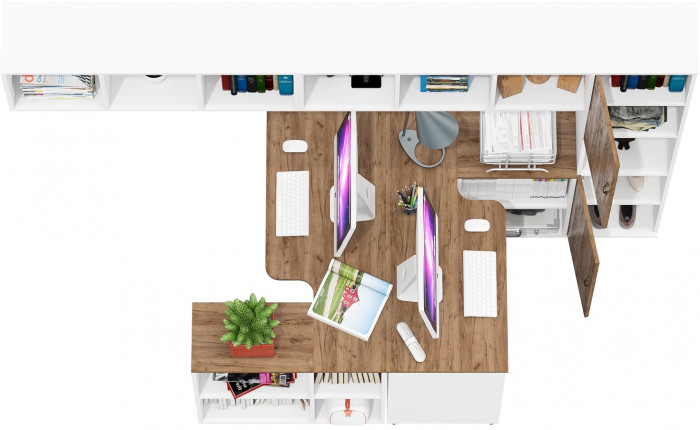 Лидер-8 Стол + Полка + Стол + Полка + Пенал, цвет белый шагрень/крафт золото, ШхГхВ 370х50/30х75/190 или 230х50/120х75/190 см., НЕ универс. сборка