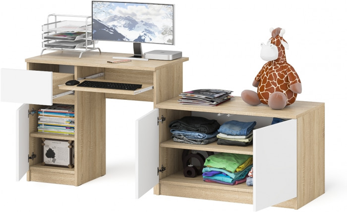 Мори Стол компьютерный МС-1 левый + Тумба МА900.1, цвет дуб сонома/белый, ШхГхВ 180,4х50,4х76,6 см., выдвижной ящик слева, НЕ универсальная сборка
