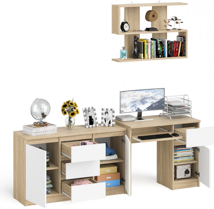 Мори Стол компьютерный МС-1 правый + Комод МК1200.3 + Полка 900, цвет дуб сонома/белый, ШхГхВ 210,4х50х209,6 см., НЕ универсальная сборка