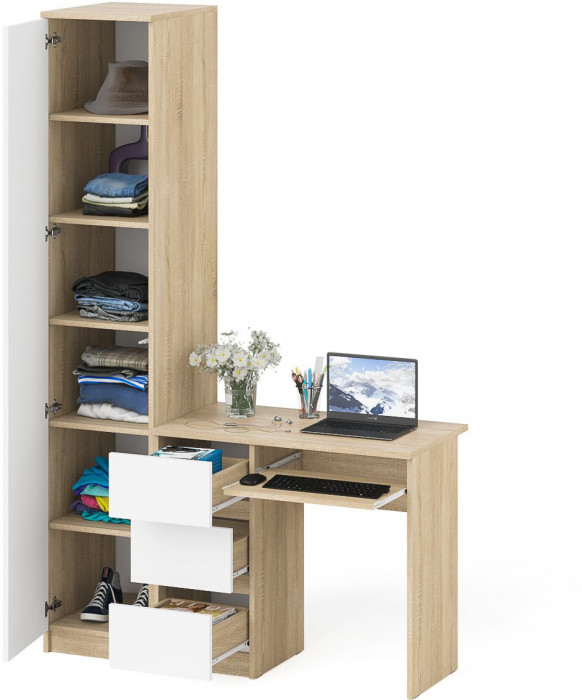 Мори Стол компьютерный МС-6 левый + Пенал МШ400.1, цвет дуб сонома/белый, ШхГхВ 130,4х50,4х209,6 см., выдвижные ящики слева, НЕ универсальная сборка