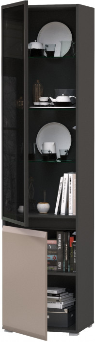 Сидней 13.201 Шкаф-витрина, корпус антрацит/фасады МДФ веллюто капучино/прозрачное стекло с серой тонировкой
