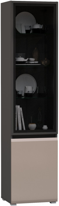 Сидней 13.201 Шкаф-витрина, корпус антрацит/фасады МДФ веллюто капучино/прозрачное стекло с серой тонировкой