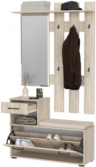 Лира ГК Прихожая 1 2-0714+2-3814 Тумба под обувь + Вешалка с зеркалом, дуб сонома