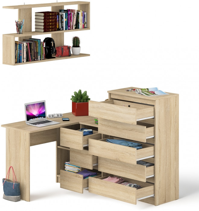 Мори компьютерный стол МС-16 правый + Комод МК700.5 + Полка 1200, дуб сонома