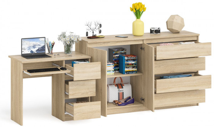 Мори компьютерный стол МС-6 правый + Комод МК1600.1, дуб сонома