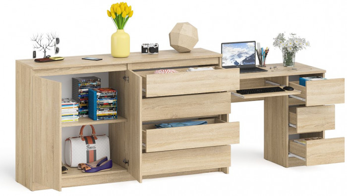 Мори компьютерный стол МС-6 правый + Комод МК1600.1, дуб сонома