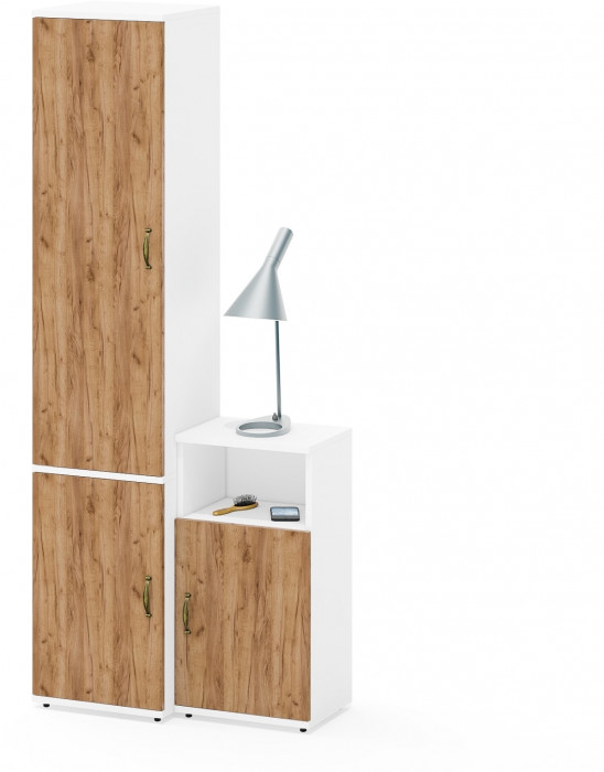 Лидер-8 Пенал МД 22Б + Тумба МД 3.19, цвет белый шагрень/крафт золото, ШхГхВ 80х37,5х190 см., универсальная сборка