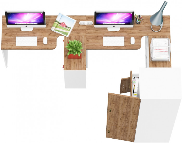 Лидер-8 Стол + Стол + Пенал МД 23Б + Тумба МД 3.15, белый шагрень/крафт золото