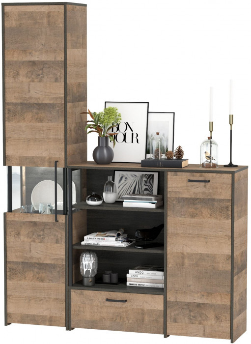 Трувор 13.205 Шкаф-пенал с витриной + 13.307.01 Комод, цвет дуб гранж песочный/интра, ШхГхВ 153,8х37х210 см., универсальная сборка