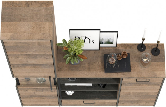 Трувор 13.205 Шкаф-пенал с витриной + 13.307.01 Комод, цвет дуб гранж песочный/интра, ШхГхВ 153,8х37х210 см., универсальная сборка