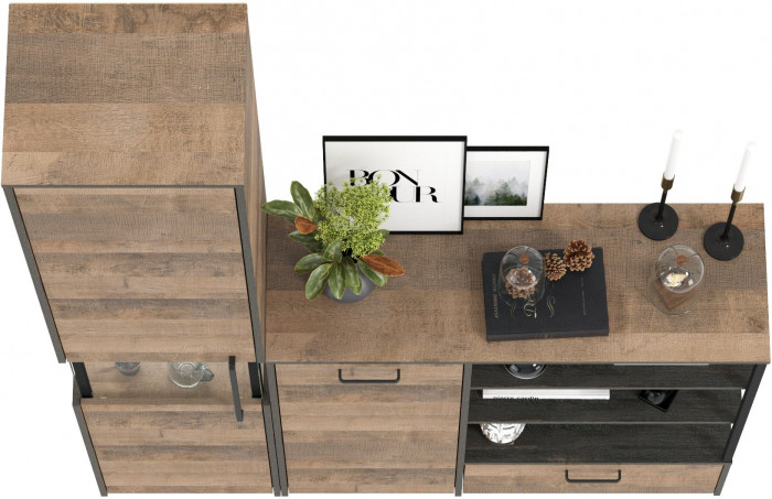 Трувор 13.205 Шкаф-пенал с витриной + 13.307.01 Комод, цвет дуб гранж песочный/интра, ШхГхВ 153,8х37х210 см., универсальная сборка