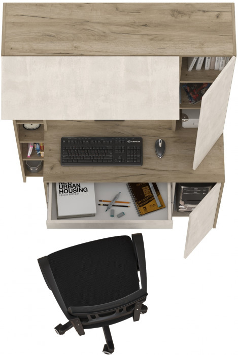 КР100 Стол компьютерный Комфорт 12.71 + кресло 103 чёрное, цвет дуб крафт серый/шёлковый камень, ШхГхВ 116,7х60,2х165,4 см., НЕ универсальная сборка
