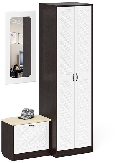 Прихожая П-6 Компоновка № 11, цвет венге/фасады МДФ белое дерево фрезеровка ромб, ШхГхВ 120х50х210 см., универсальная сборка