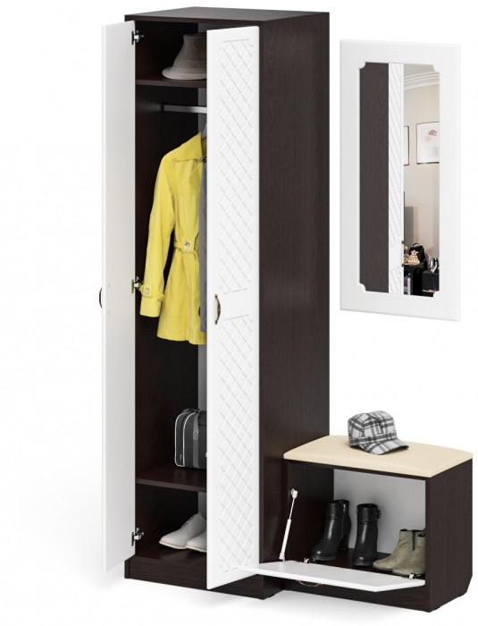 Прихожая П-6 Компоновка № 11, цвет венге/фасады МДФ белое дерево фрезеровка ромб, ШхГхВ 120х50х210 см., универсальная сборка