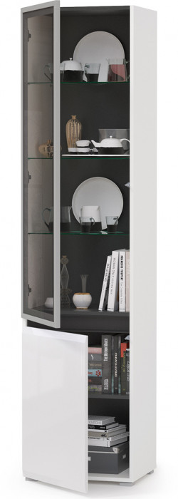Сидней 13.201 Шкаф-витрина, корпус: белый/чёрный/фасады: МДФ белый глянец/прозрачное стекло с серой тонировкой