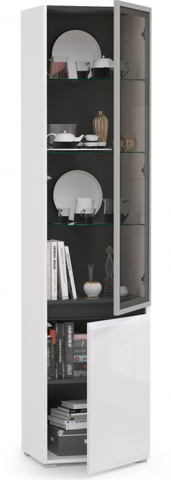 Сидней 13.201 Шкаф-витрина, корпус: белый/чёрный/фасады: МДФ белый глянец/прозрачное стекло с серой тонировкой