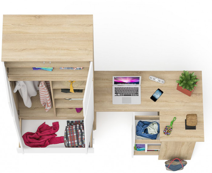 Мори компьютерный стол МС-16 правый + Шкаф МШ900.1 + Антресоль МА900.1, дуб сонома/белый