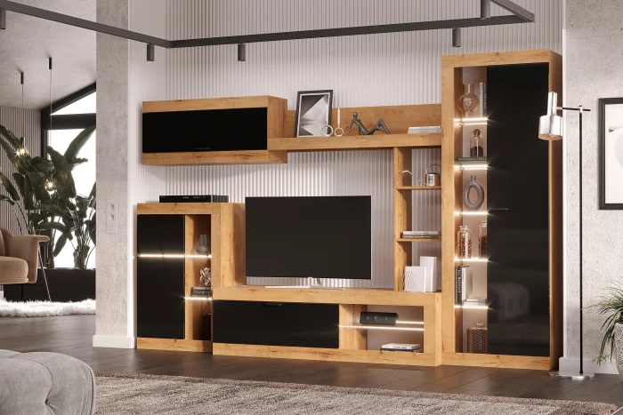 Прага Модульная Гостиная, вариант №4, Дуб Вотан/Черный глянец