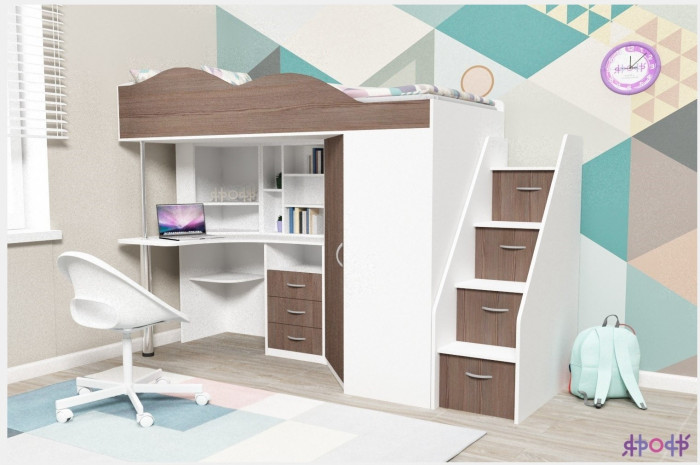 Кровать-чердак Пионер 1 (Ясень Анкор Темный/Белое дерево)