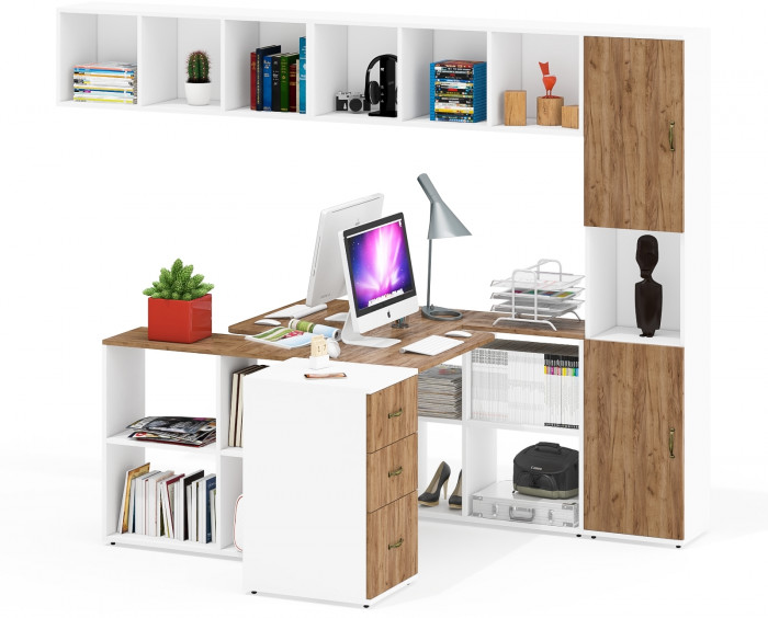 Лидер-8 Стол + Полка + Стол + Полка + Пенал + Тумба МД 3.16, цвет белый шагрень/крафт золото, 410х50/30х75/190 или 270х120/50х75/190 см., НЕ ун. сб.