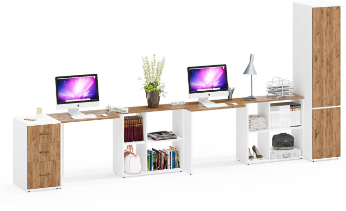 Лидер-8 Стол + Стол + Пенал МД 23Б + Тумба МД 3.16, белый шагрень/крафт золото