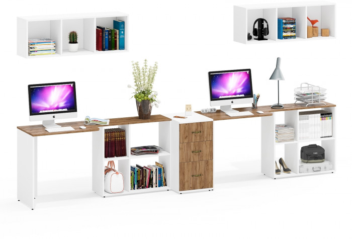 Лидер-8 Стол + Полка + Стол + Полка + Тумба МД 3.16, цвет белый шагрень/крафт золото, ШхГхВ 370х50/30х75/190 или 270х80/50х75/190 , НЕ универс. сборка