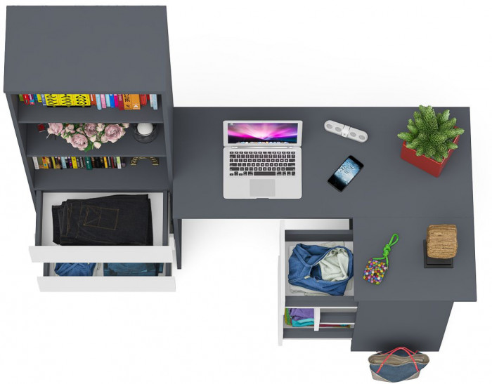 Мори компьютерный стол МС-16 правый + Стеллаж МСТ600.3, графит/белый