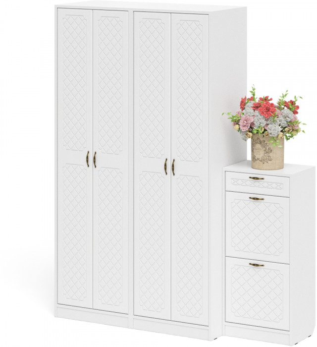 Прихожая П-6 Компоновка № 13, белая шагрень/фасады МДФ белое дерево фрезеровка ромб