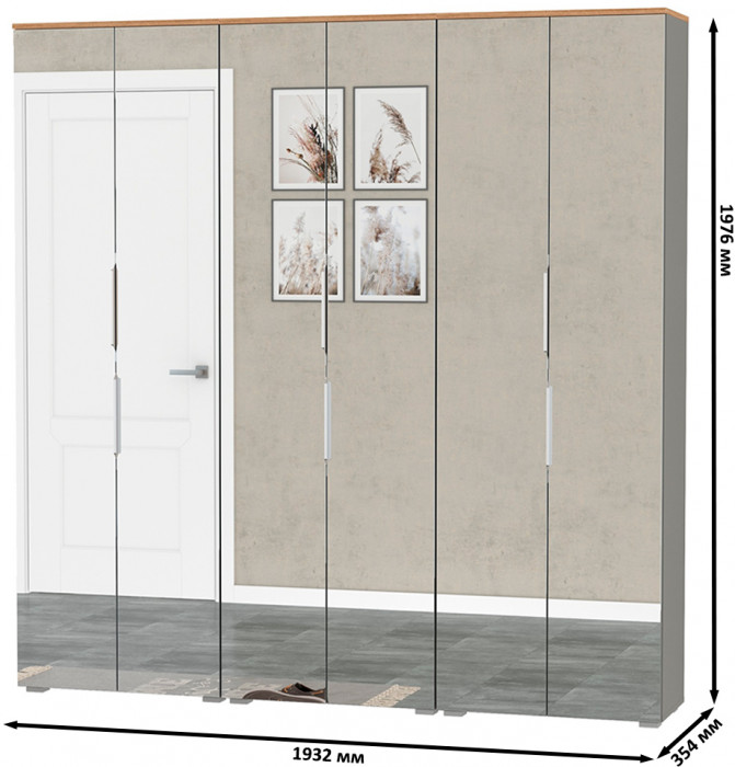 Октава 13.338 Шкаф для одежды + 13.338 Шкаф + 13.338, цвет серый графит/дуб крафт золотой/фасады МДФ серый графит/зеркало, ШхГхВ 193,2х35,3х197,6 см.