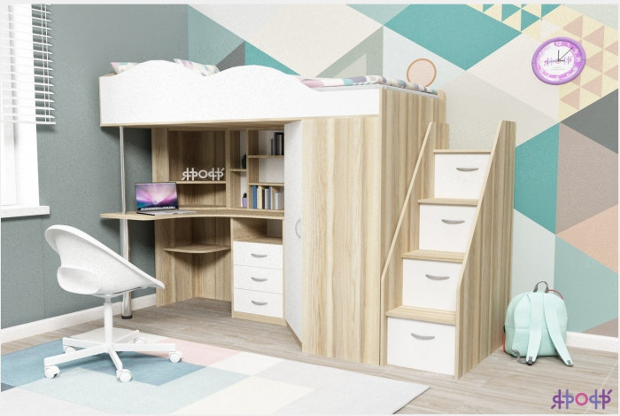 Кровать-чердак Пионер 1 (Белое дерево/Ясень Анкор темный)