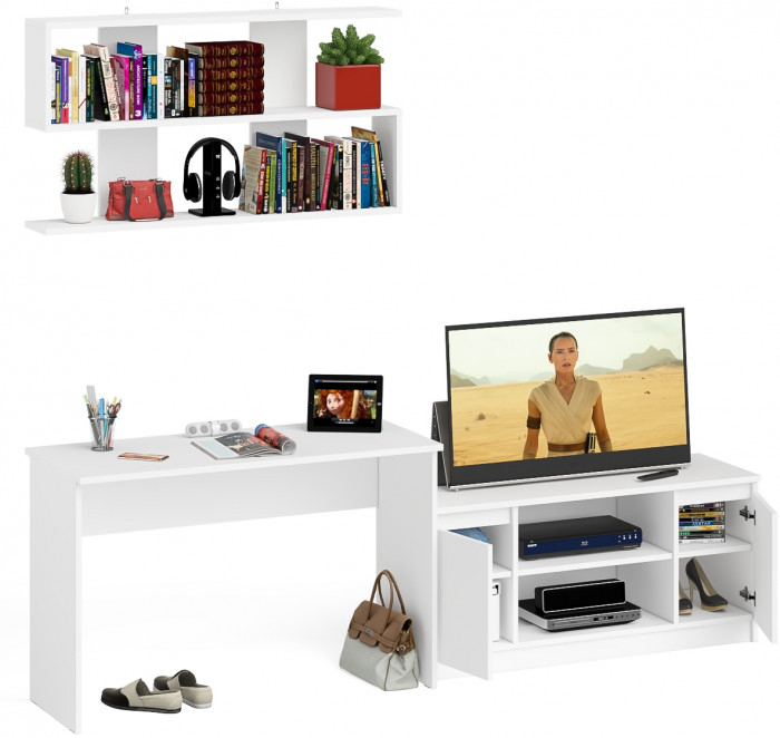 Мори Стол письменный МСП1200.1 + Тумба МТВ1200.1 + Полка 1200, цвет белый, ШхГхВ 240,8х50х209,6 см., универсальная сборка