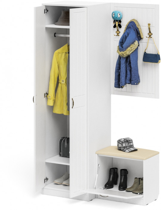 Прихожая П-6 Компоновка № 12, цвет белая шагрень/фасады МДФ белое дерево фрезеровка прованс, ШхГхВ 120х50х210 см., универсальная сборка