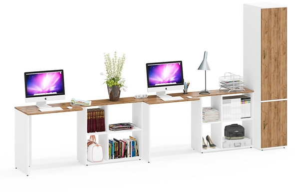 Лидер-8 Стол + Стол + Пенал МД 23Б, белый шагрень/крафт золото