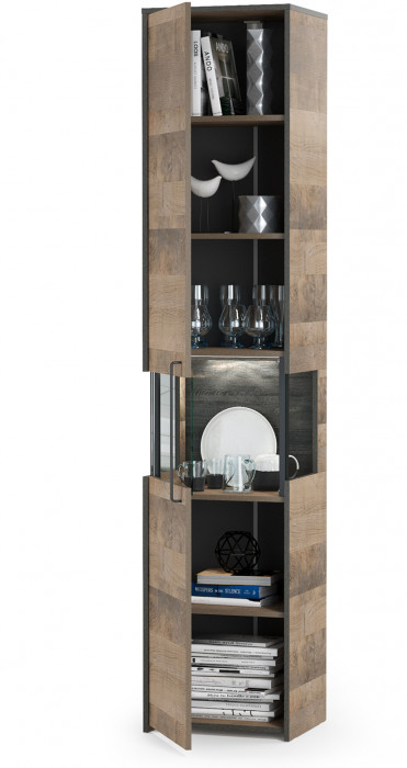 Трувор 13.205 Шкаф-пенал с витриной, цвет дуб гранж песочный/интра, ШхГхВ 44,8х37х210 см., есть светодиодная подсветка, универсальная сборка