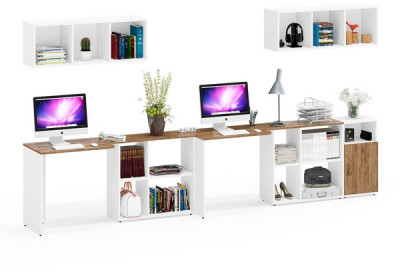 Лидер-8 Стол + Полка + Стол + Полка + Тумба МД 3.19, цвет белый шагрень/крафт золото, ШхГхВ 370х50/30х75 см. или 230х50/120х75 см., НЕ универс. сборка