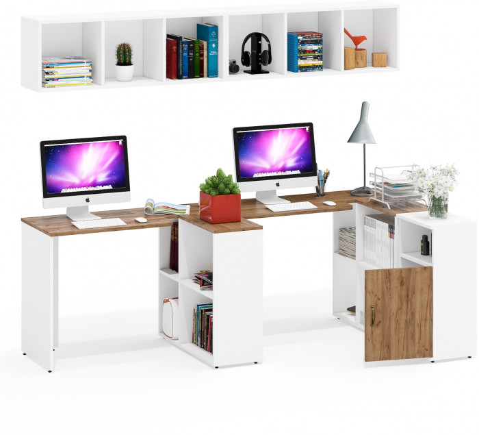 Лидер-8 Стол + Полка + Стол + Полка + Тумба МД 3.19, цвет белый шагрень/крафт золото, ШхГхВ 370х50/30х75 см. или 230х50/120х75 см., НЕ универс. сборка