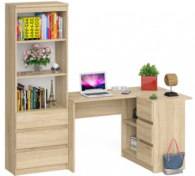 Мори компьютерный стол МС-16 правый + Стеллаж МСТ600.3, дуб сонома
