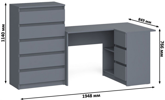 Мори компьютерный стол МС-16 правый + Комод МК700.5, графит
