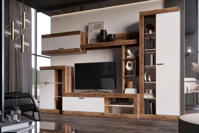 Прага Модульная Гостиная, вариант №4, Дуб Делано/Белый глянец