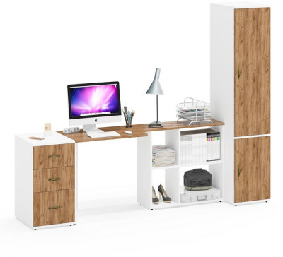 Лидер-8 Стол + Тумба МД 3.16 + Пенал МД 23Б, цвет белый шагрень/крафт золото, ШхГхВ 245х50х75/190 или 115х160/50х75/190 см., НЕ ун. сборка