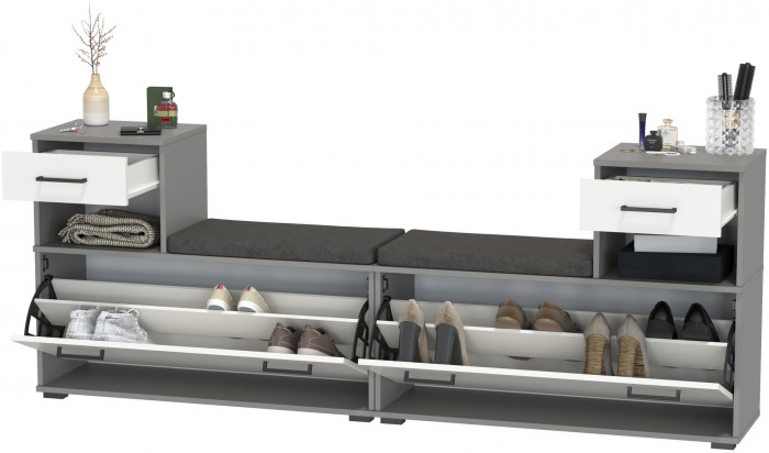 Лира ГК 2-0714+2-0714графбел Тумба под обувь, цвет графит/белый, ШхГхВ 200х33х75,5 см., универсальная сборка