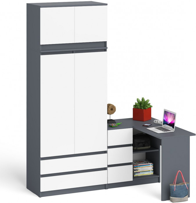 Мори Стол компьютерный МС-16 левый + Шкаф МШ900.1 + Антресоль МА900.1, цвет графит/белый, ШхГхВ 214,8х84,9х234,2 см., выдвиж. ящики слева, НЕ ун. сб.